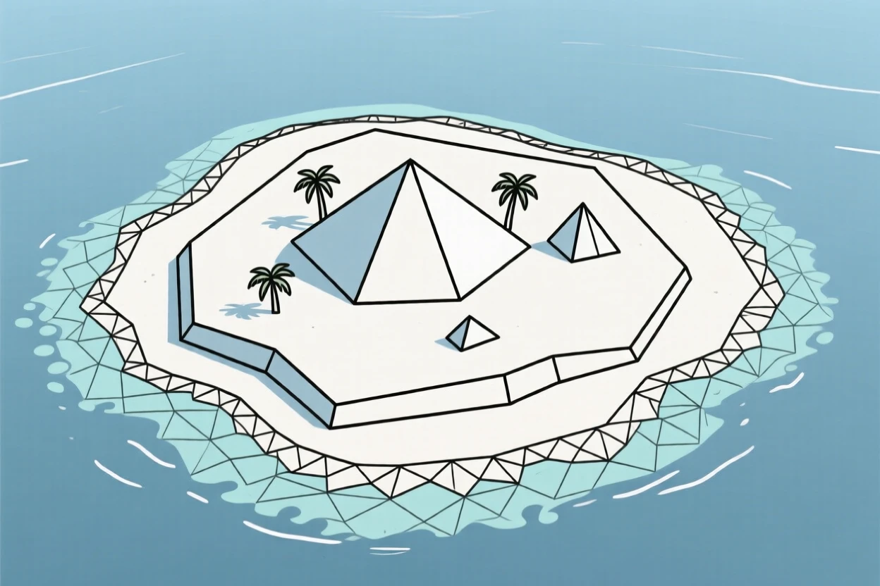 A tropical island seen from above surrounded by reef