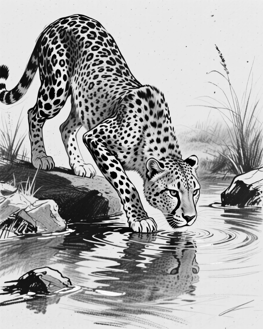 A cheetah mid-sprint drinking from a crystal-clear stream.