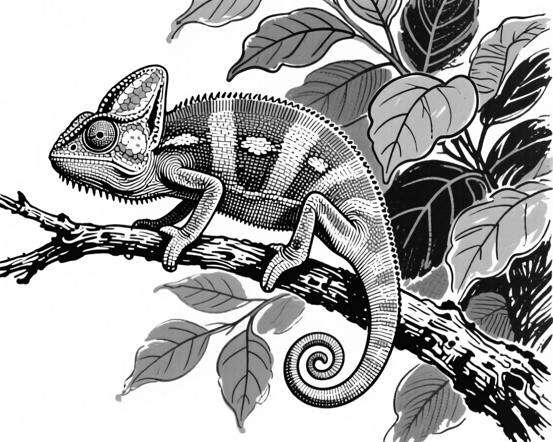 A chameleon perched on a branch, blending subtly with green leaves.