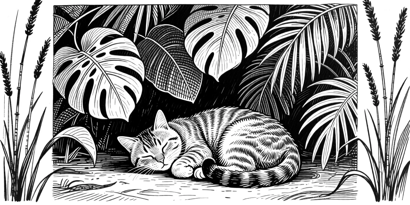A curled-up cat beneath a canopy of tropical leaves, framed by tall reeds, capturing a serene and majestic moment in nature with a strong, centered focal point.
