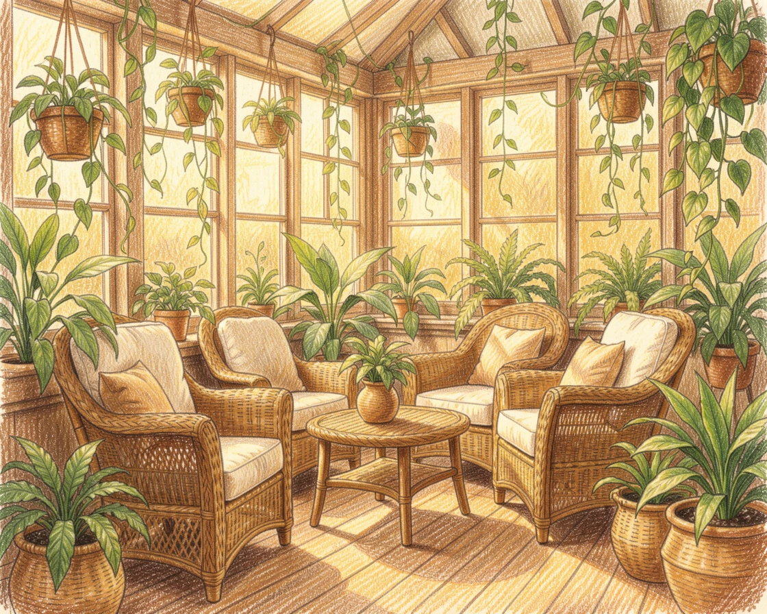 A sunroom filled with wicker furniture and trailing houseplants, with warm golden light spilling across the room, capturing the simple joys of home and hearth.