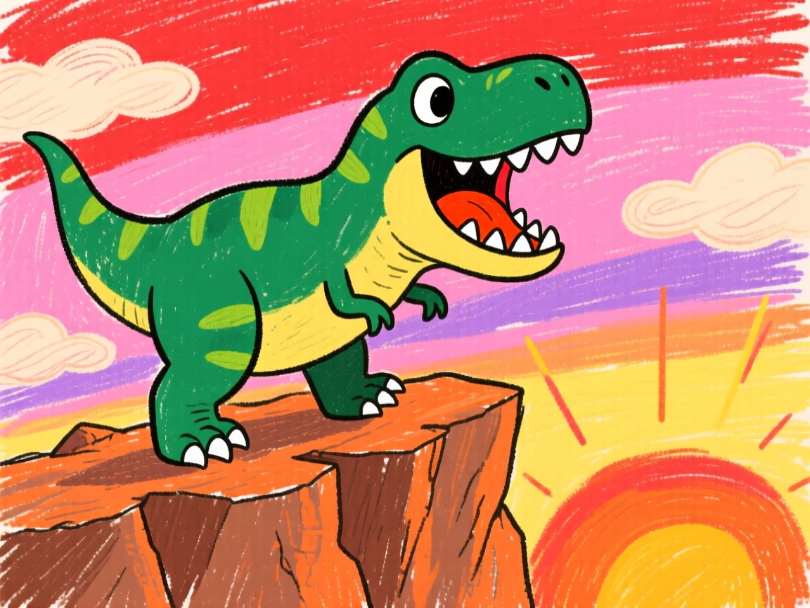 A Tyrannosaurus Rex roaring atop a cliff at sunset.