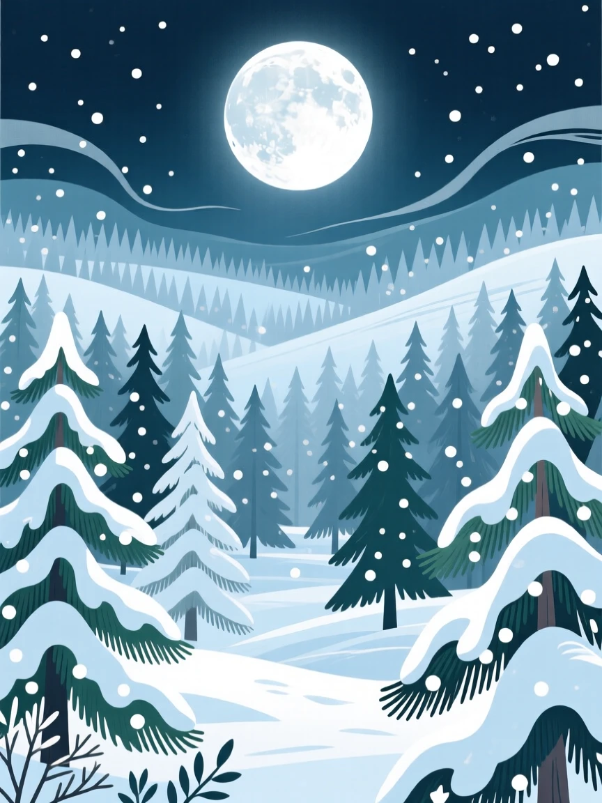 A snow-covered pine forest under a full moon, with gentle wind rippling across the landscape, arranged with layered depth creating a sense of vastness, with delicate textures visible in every leaf and petal.