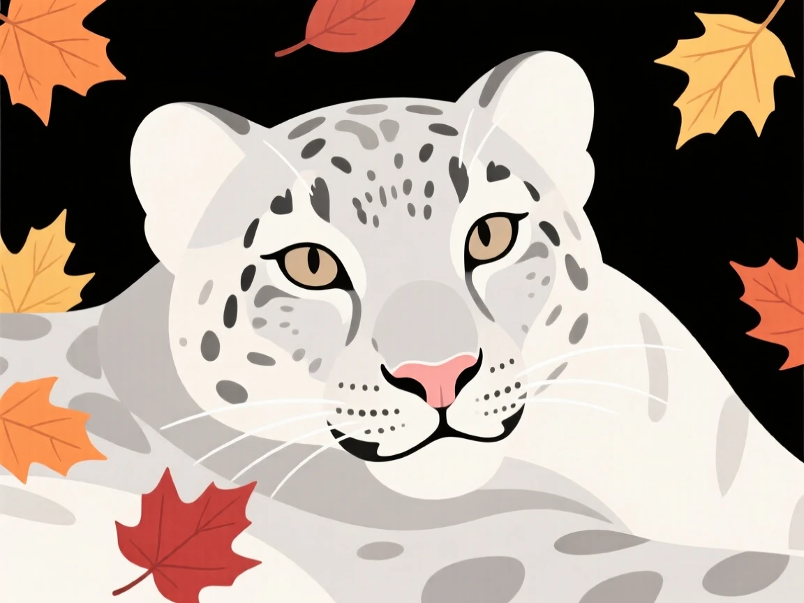 A close-up view of a snow leopard resting peacefully, surrounded by scattered autumn leaves, full of gentle curiosity.
