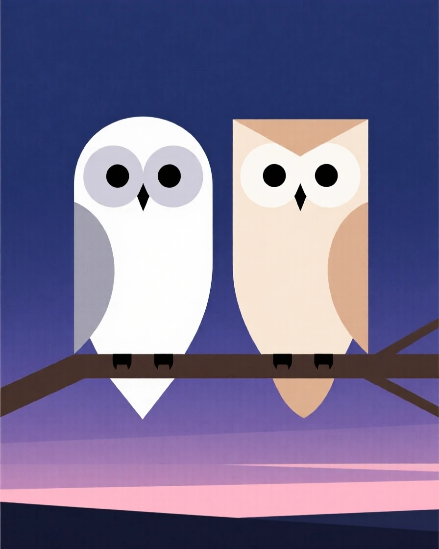 A pair of owls perched together at dusk