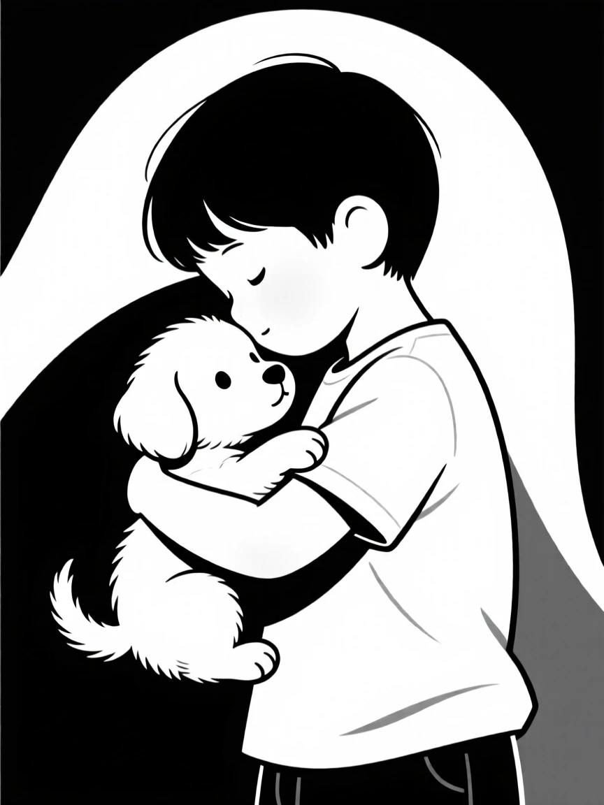 A child's first hug with a new puppy.