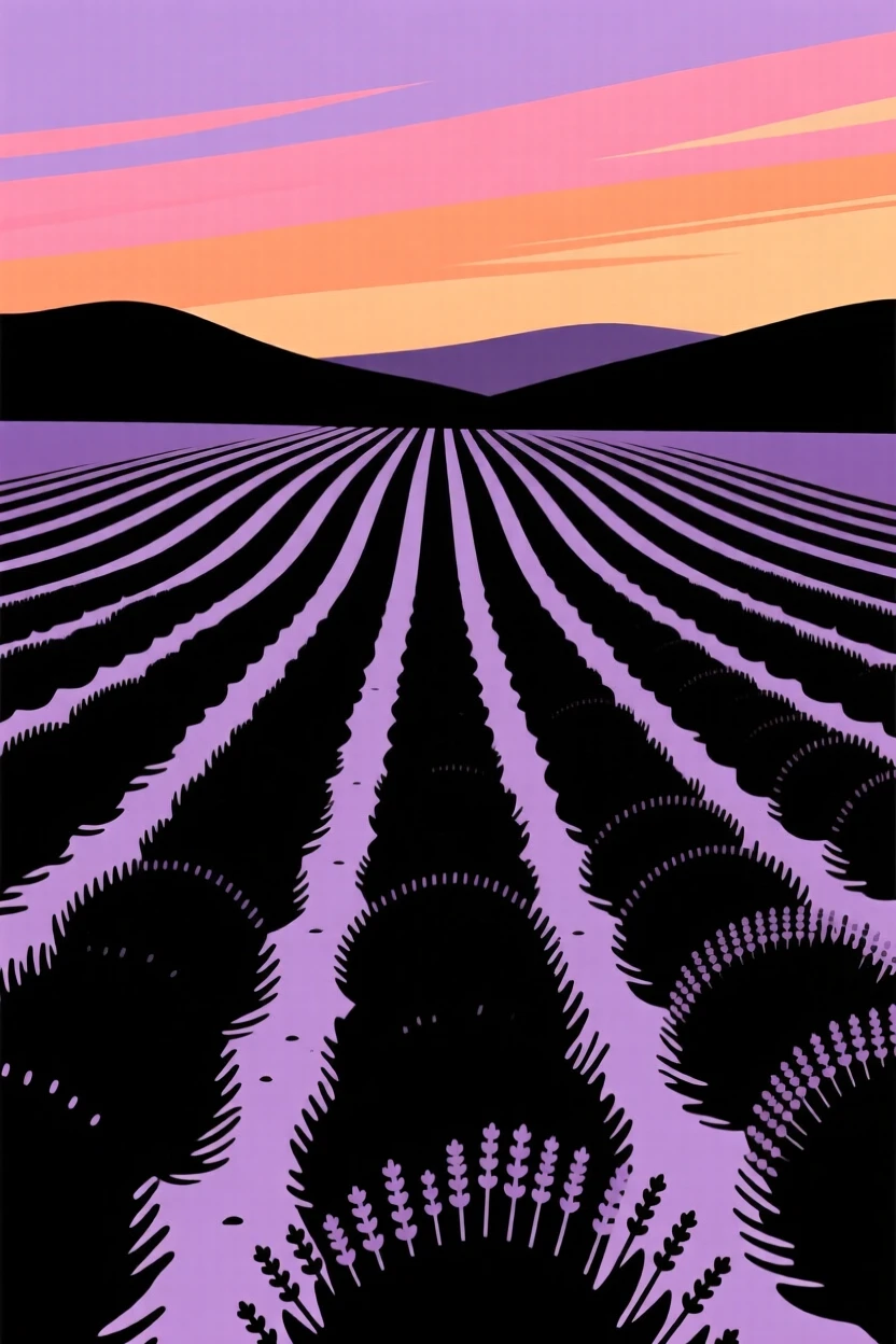A field of lavender stretching in purple rows toward distant hills.