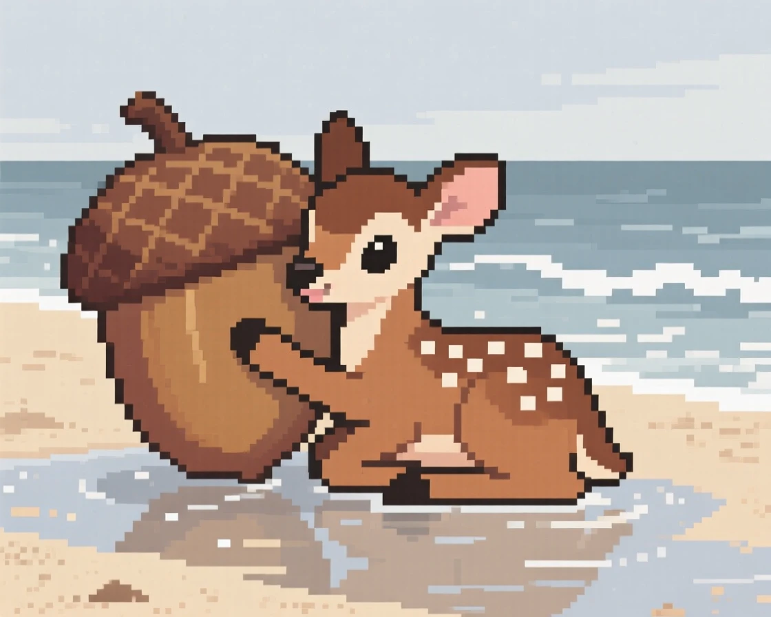 A spotted fawn hugging a giant acorn, on a quiet beach at low tide.