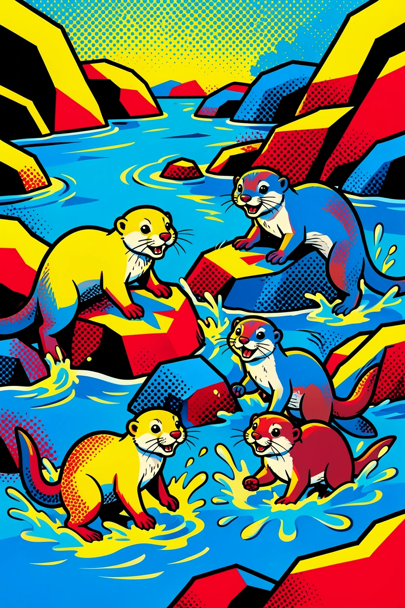 A family of otters playing along a rocky riverbank