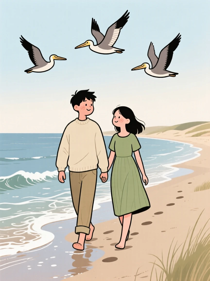 Waves roll gently onto a secluded cove where a young couple walk along the shoreline, leaving footprints in the wet sand as pelicans glide overhead.