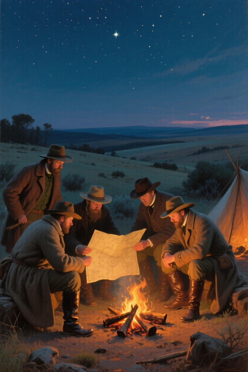 A broad landscape view of a group of explorers studying a weathered map beside a campfire, under a canopy of stars, in the late 19th century.
