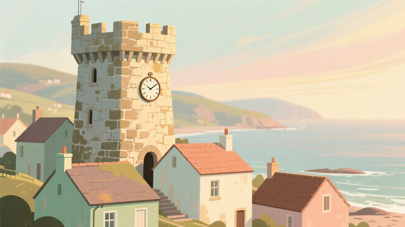 A stone watchtower standing sentinel above a coastal village