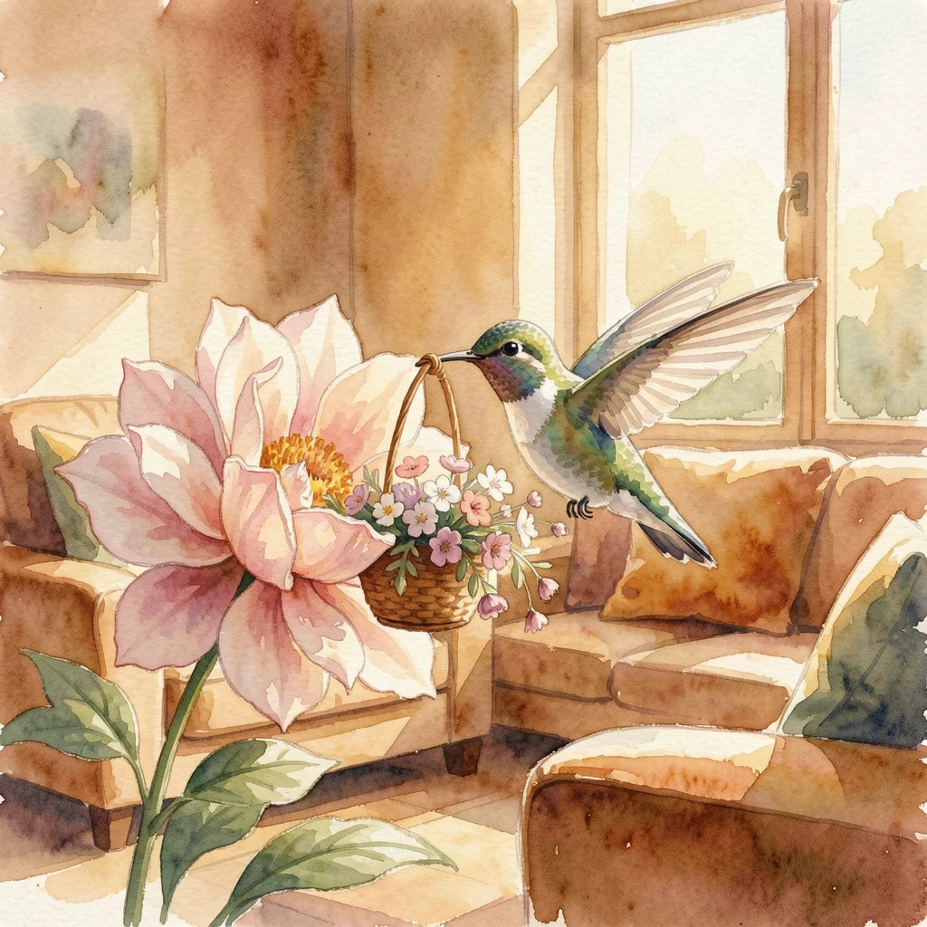 A hummingbird hovering near a flower in a cozy living room carrying a tiny basket of flowers.