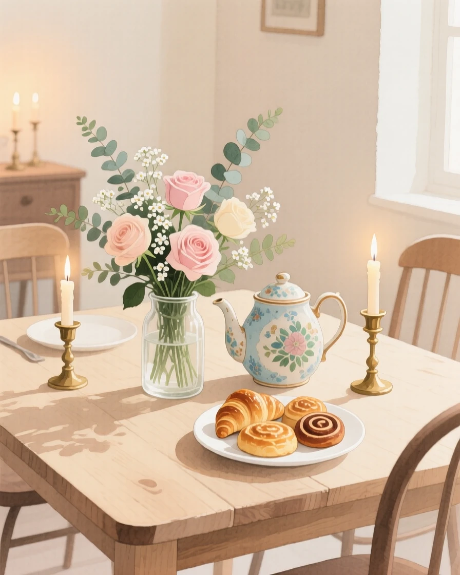 A charming view of a candlelit dining room, with fresh flowers arranged on the table, featuring a vintage teapot and a plate of pastries