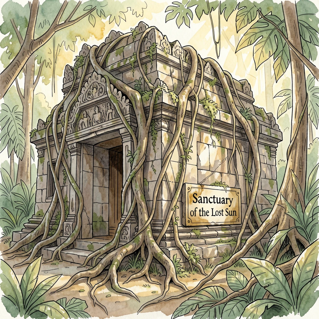 An ancient stone temple half-reclaimed by jungle roots, sunlight breaking through the surrounding canopy