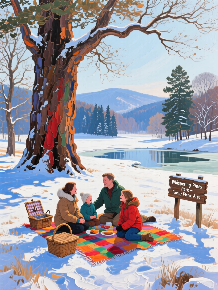 a family picnic beneath giant trees, on a still winter afternoon, with a balanced, spacious view of the surroundings.