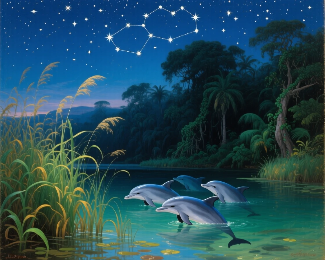 A pod of dolphins gathers at tall grass at the jungle's edge beneath a sky full of stars.