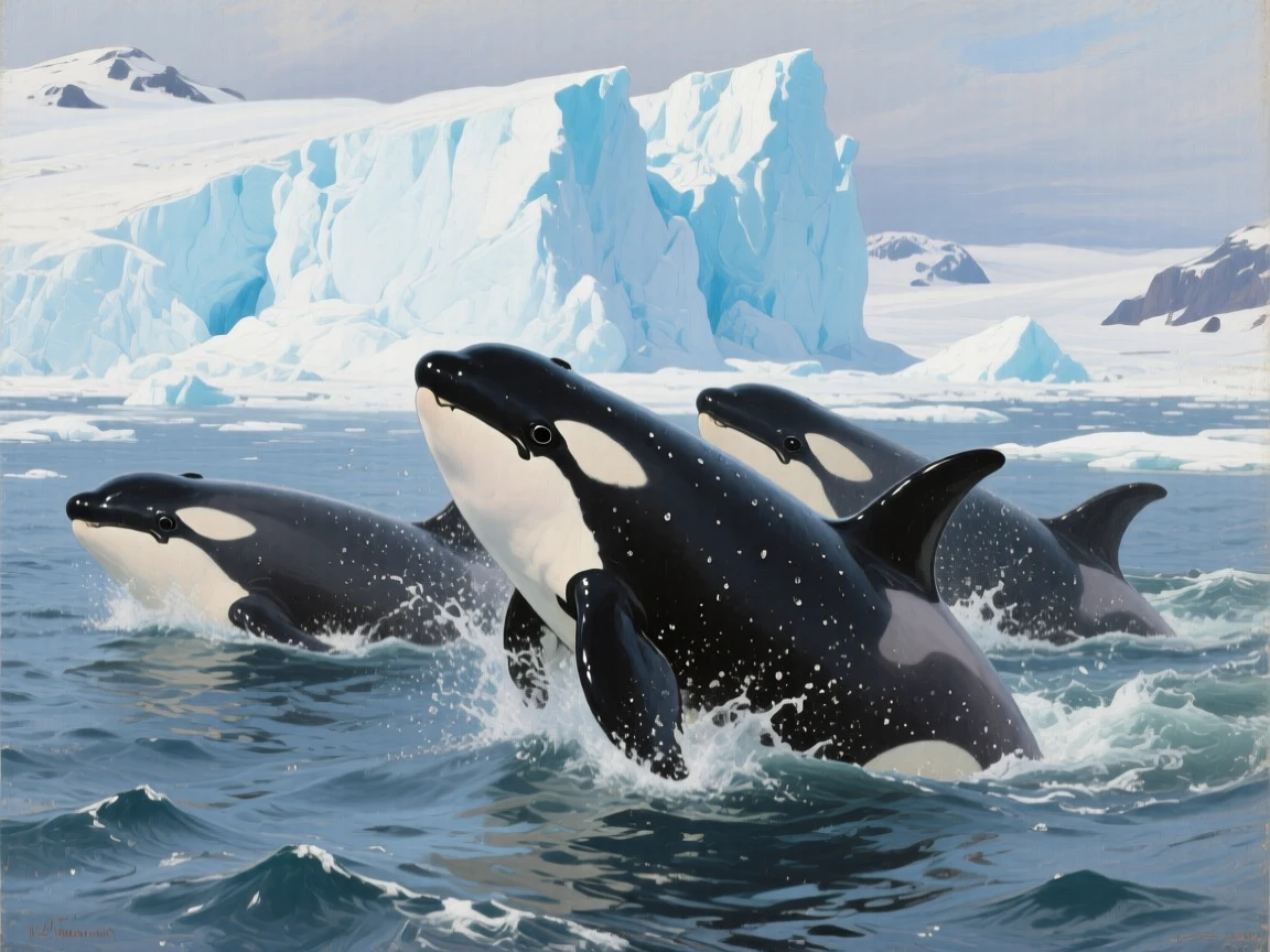 A pod of orcas breaching together in the icy waters near a glacier, its expression conveying an almost human sense of awareness, designed to feel both intimate and awe-inspiring
