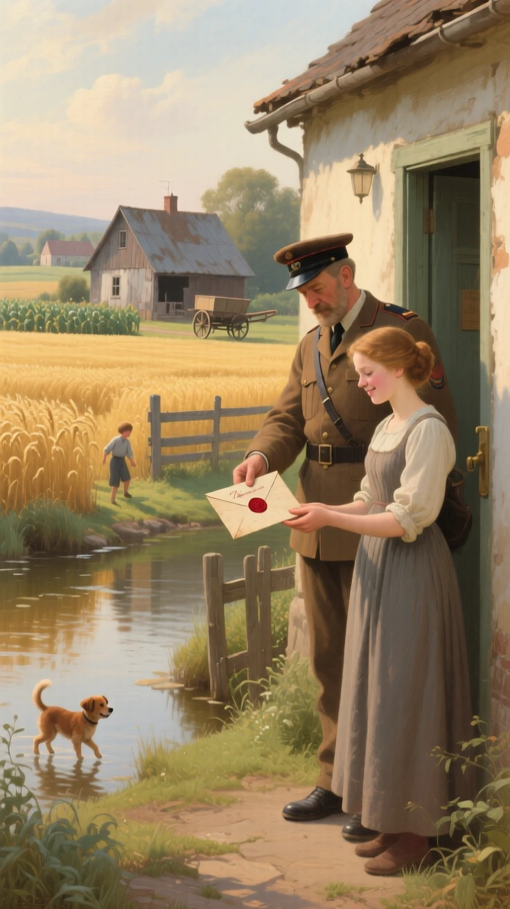 A postman delivering a cherished letter to an eager household as ordinary labor takes on unexpected grace, set beside a quiet stream at the edge of golden fields, with modest but well-tended surroundings speaking of quiet pride; background activity adds gentle life without distracting from the center, filled with gentle humor, warmth, and community spirit.