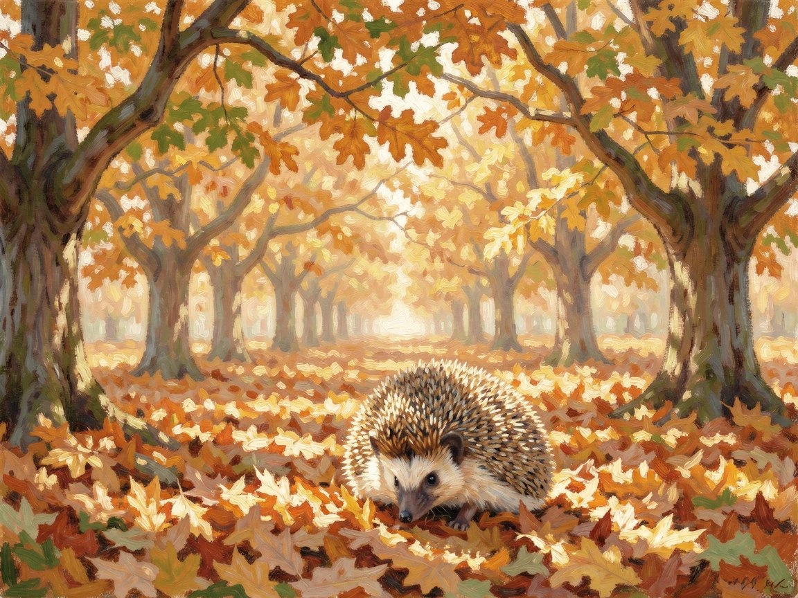 A hedgehog foraging among fallen autumn leaves beneath a canopy of golden oak trees.