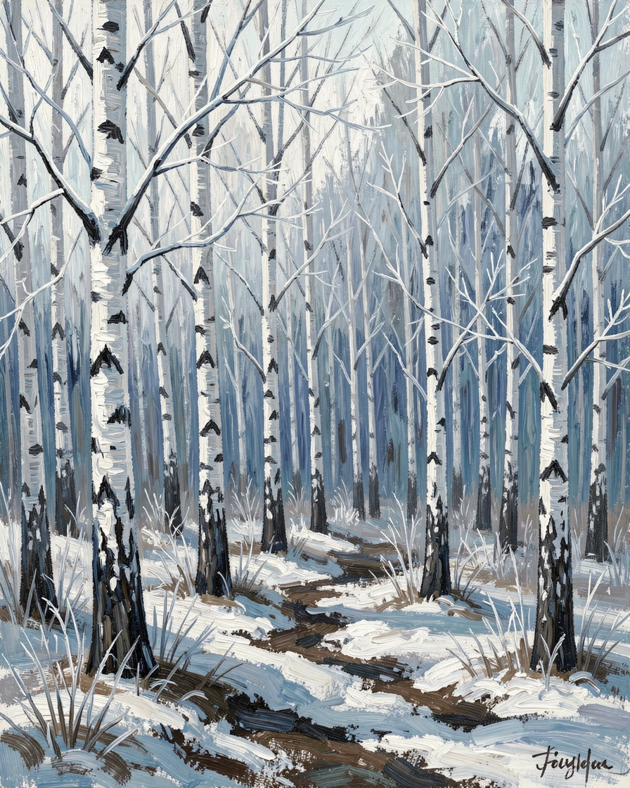 A quiet birch forest in winter, delicate frost coating every branch.