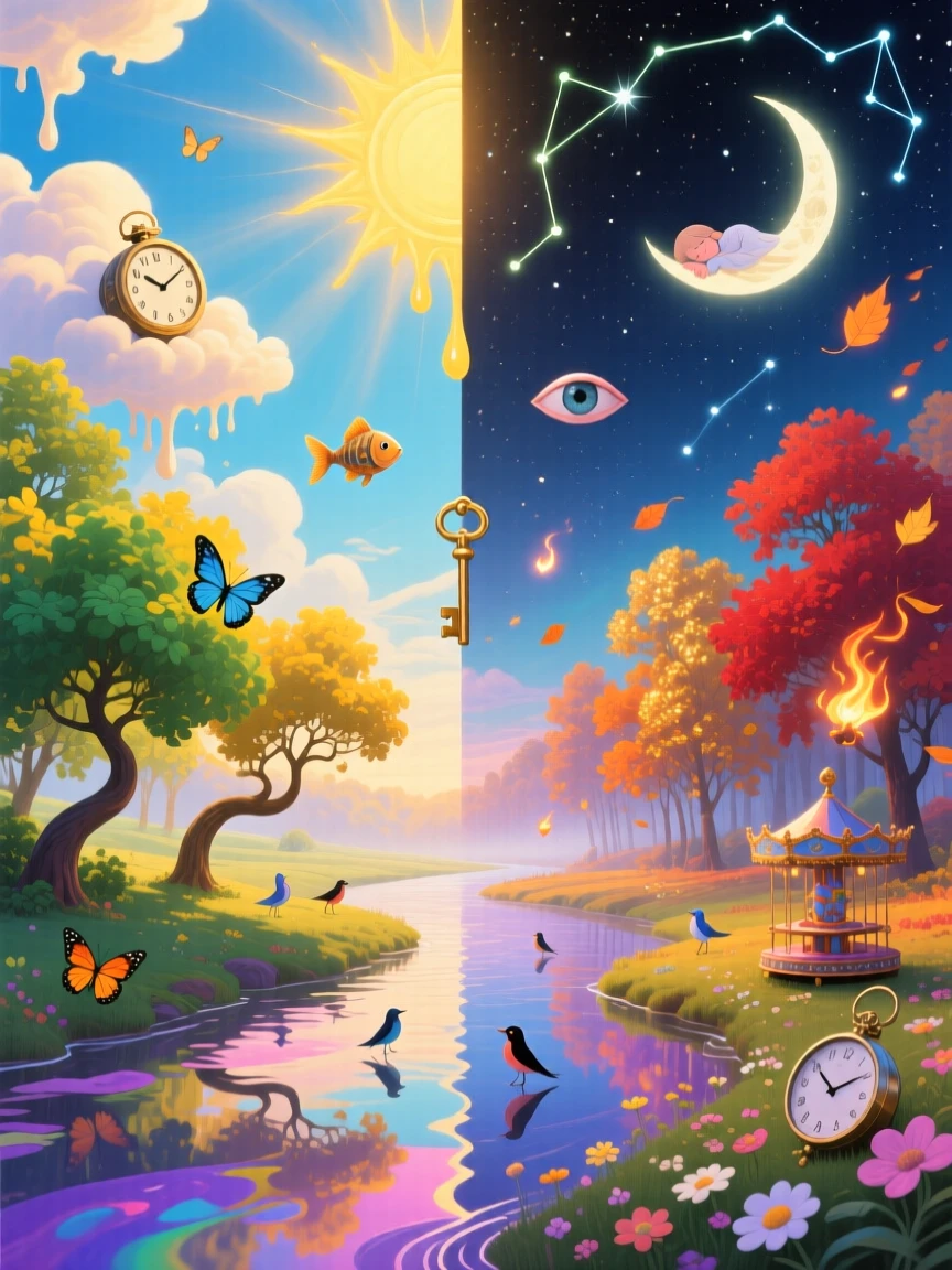 A summer sky split evenly between bright day and starry night drifts softly through a landscape caught between seasons, while the ground below begins to shimmer with quiet color.