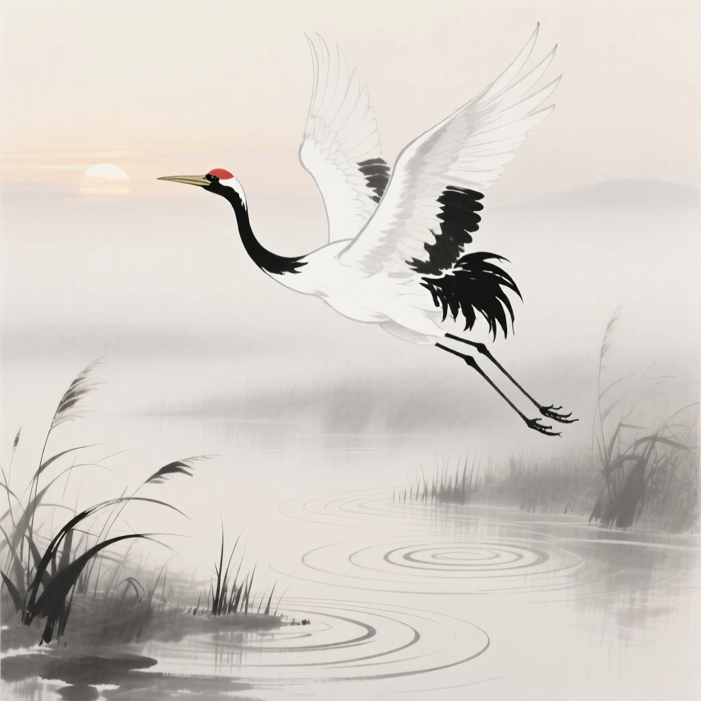 A single white crane takes flight above a misty marsh, as ripples spread slowly across the water.