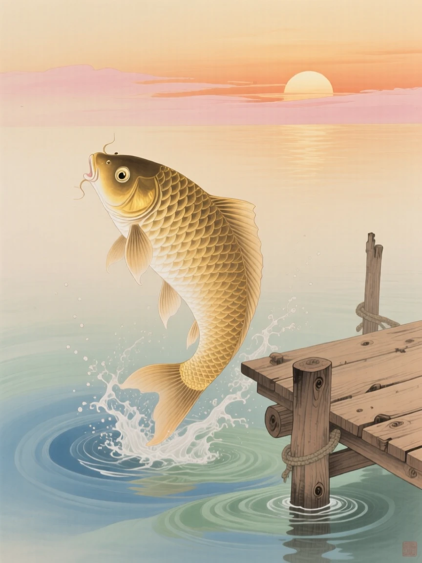 A single golden carp leaping from the water beside a wooden dock at sunrise