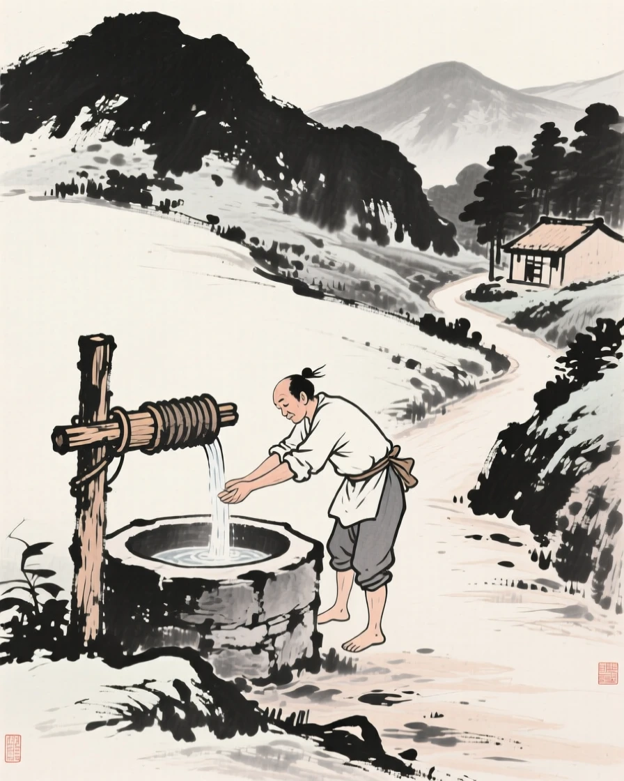 A woodcutter drawing water from a village well along a quiet mountain trail, captured mid-gesture in a candid, natural moment, carrying a tender sense of familial warmth.
