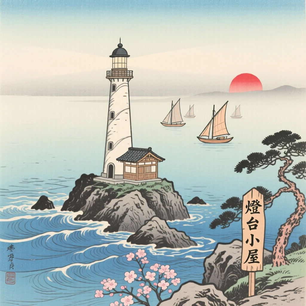 A lighthouse on a stony point with distant sails on the horizon, on a calm misty morning.