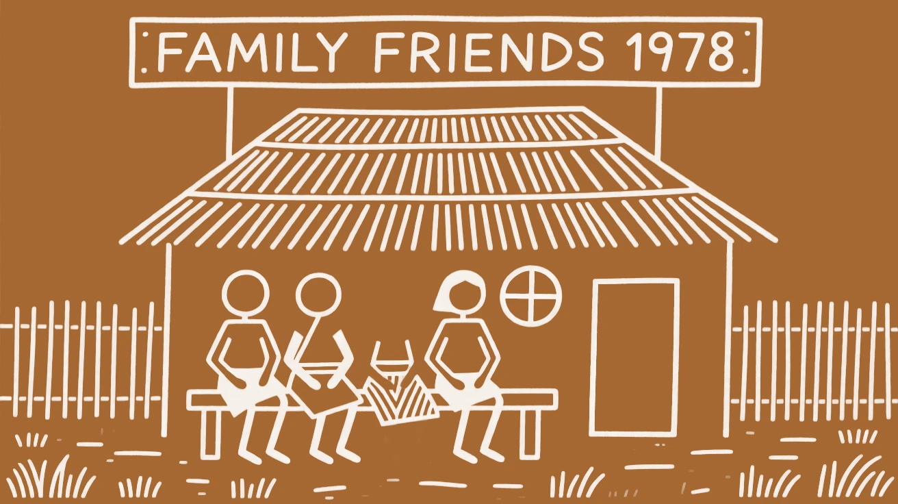 A group of lifelong friends posing together for a family portrait on a bench outside a home.