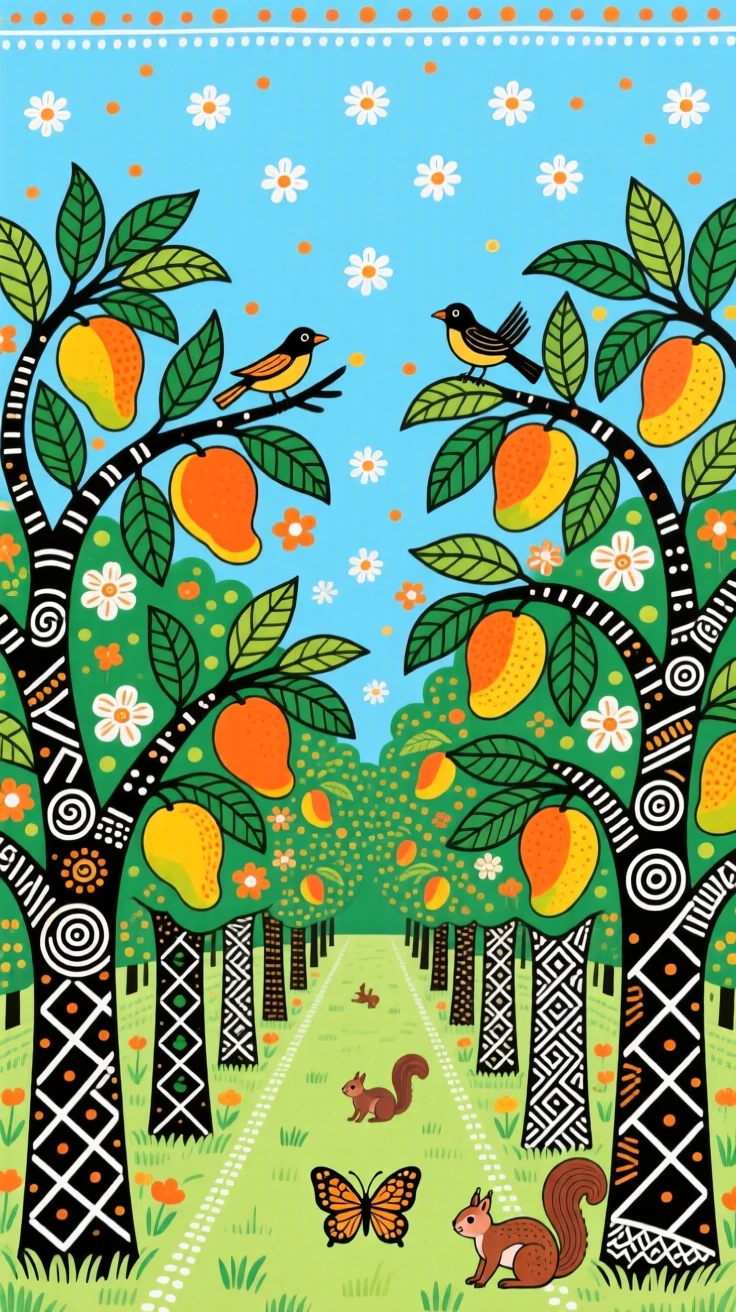 A mango orchard heavy with ripening fruit under a clear sky.