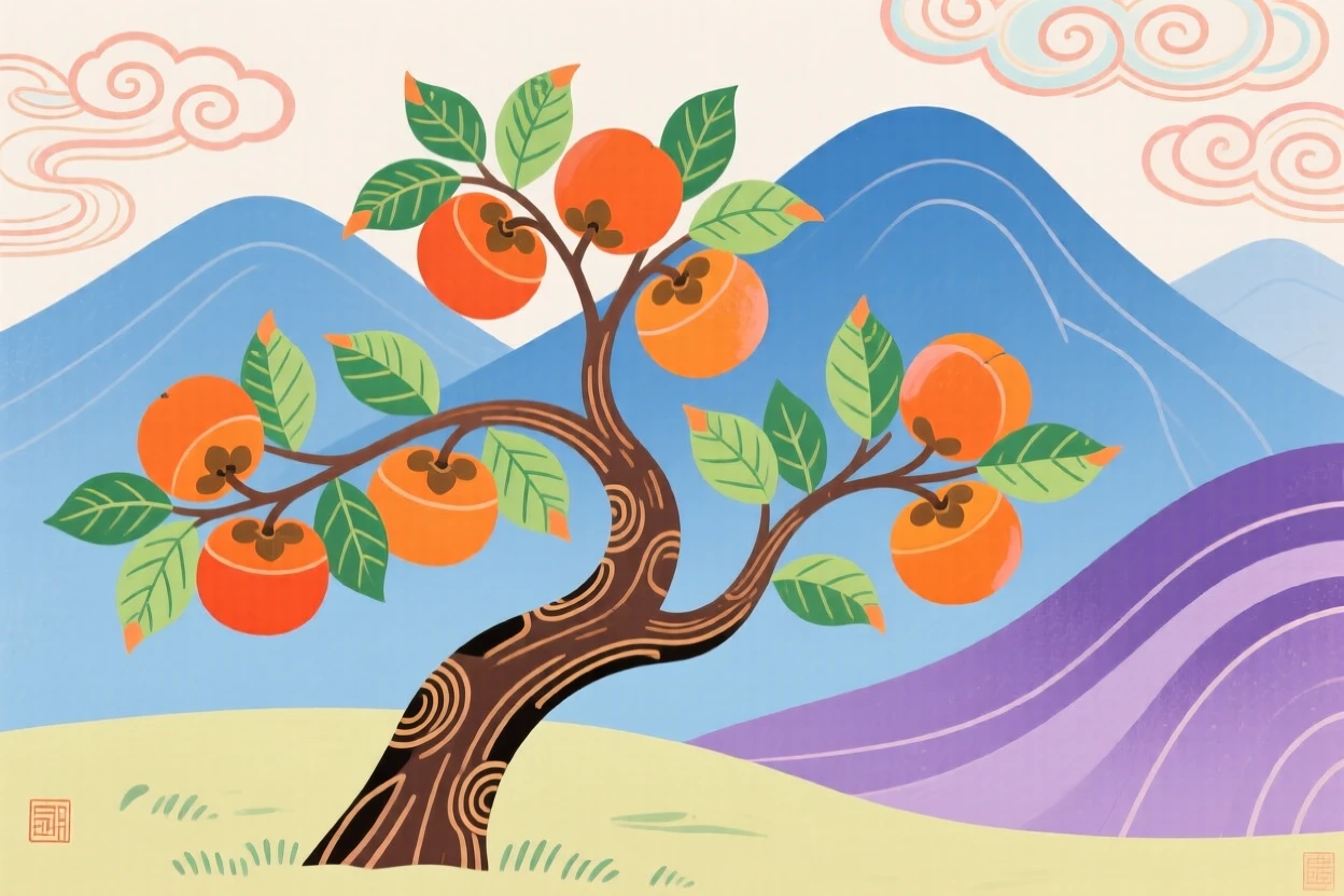 A persimmon tree heavy with orange fruit against a backdrop of distant mountains.