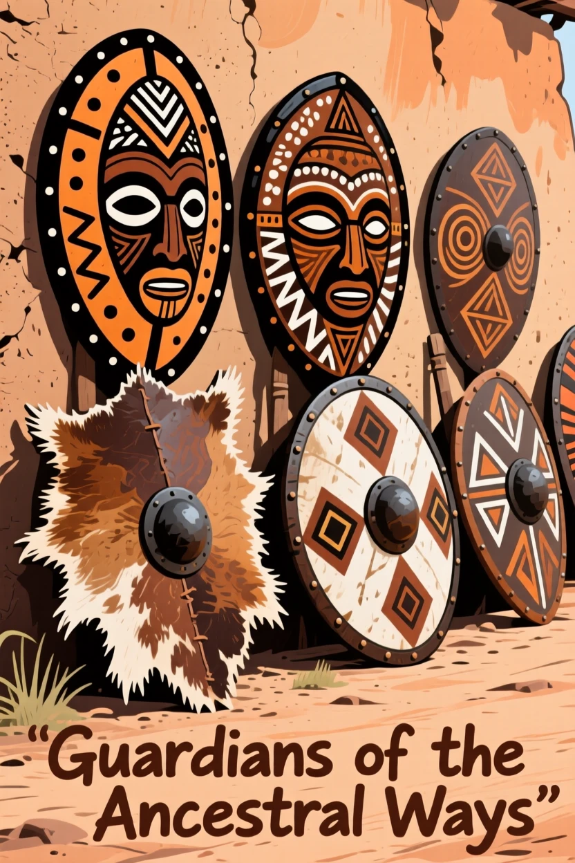 A display of animal-hide shields leaning against a wall.