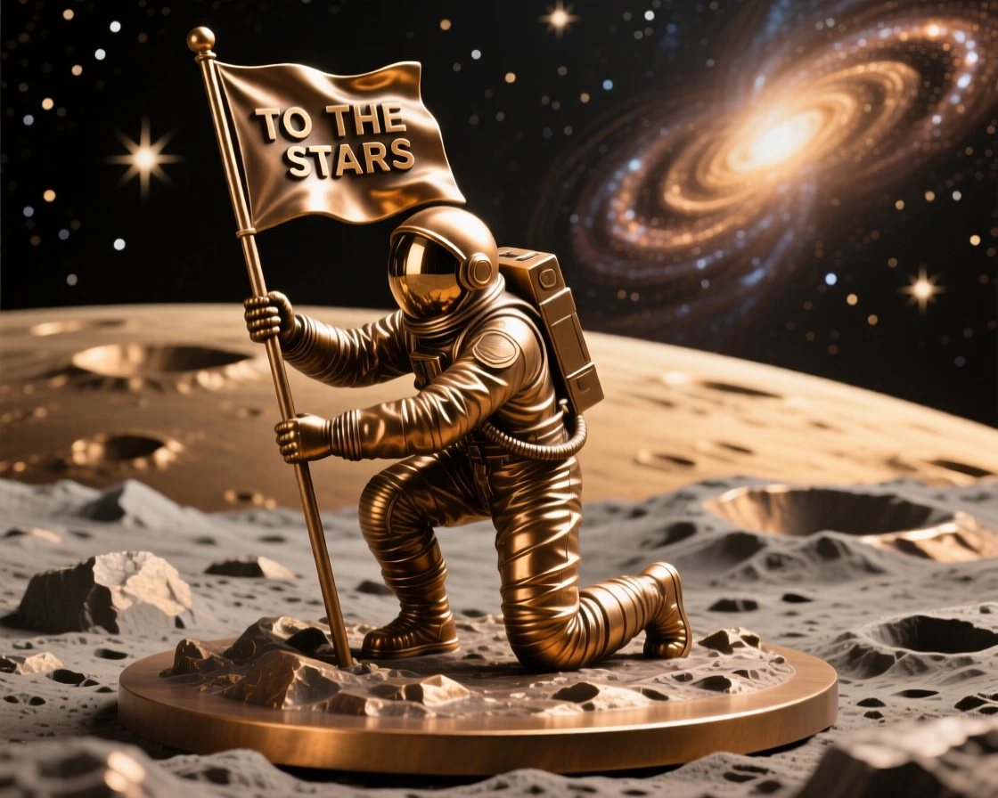 An astronaut planting a flag on a distant, rocky moon, rendered with vast cosmic scale and radiant color, evoking wonder at the universe