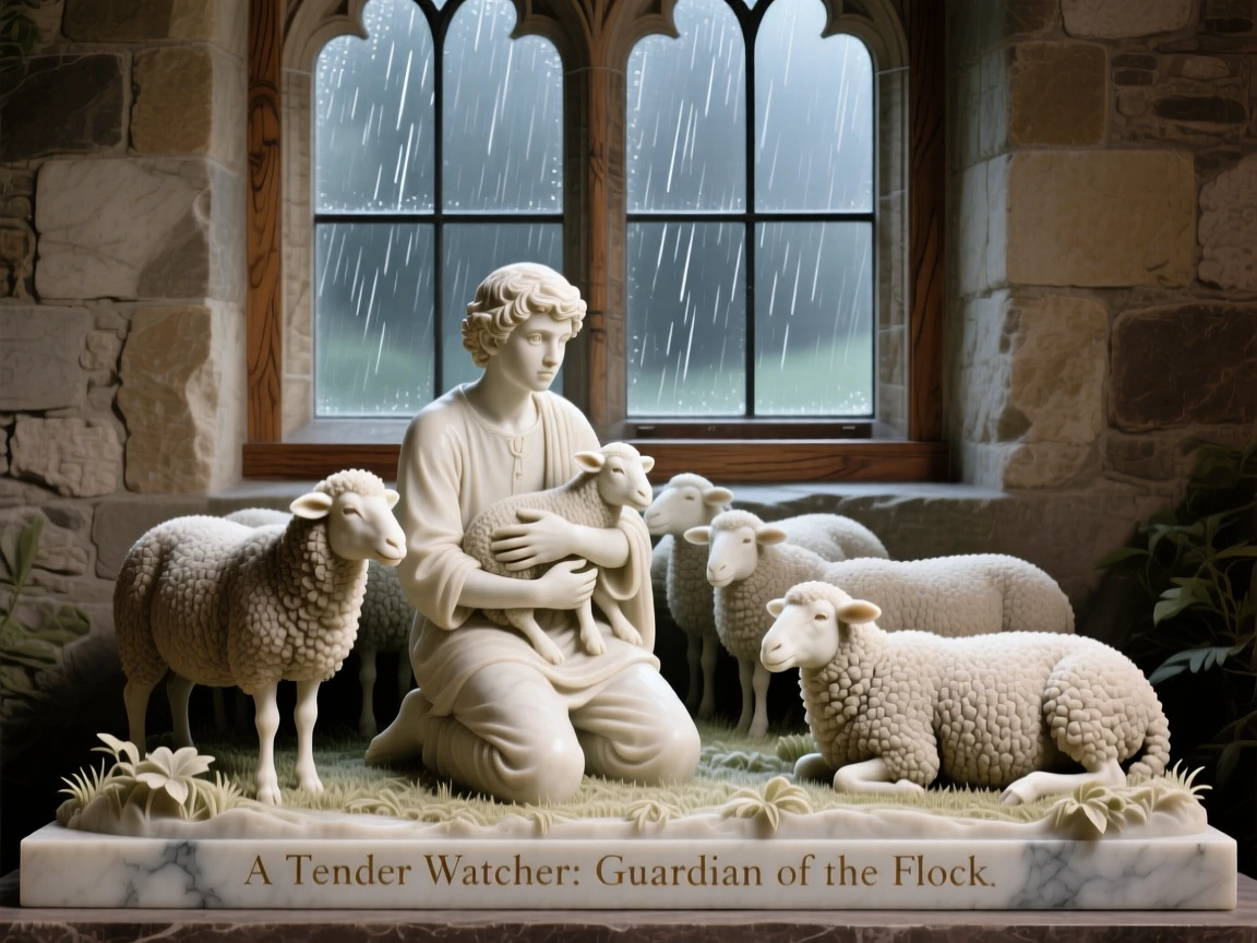 A tender portrait of a shepherd with his flock, eyes wide with wonder, with a rain-streaked window behind them, evoking warmth and humanity
