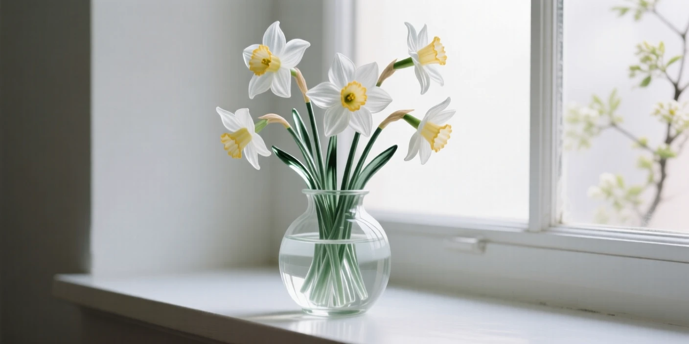 Daffodils in early spring arranged in an elegant vase on a windowsill, soft diffused light streaming in, creating a tranquil still-life mood.