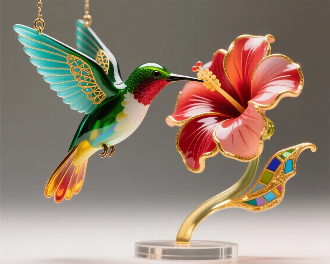 A single hummingbird sipping nectar from a hibiscus flower mid-flight, vivid and delicate.