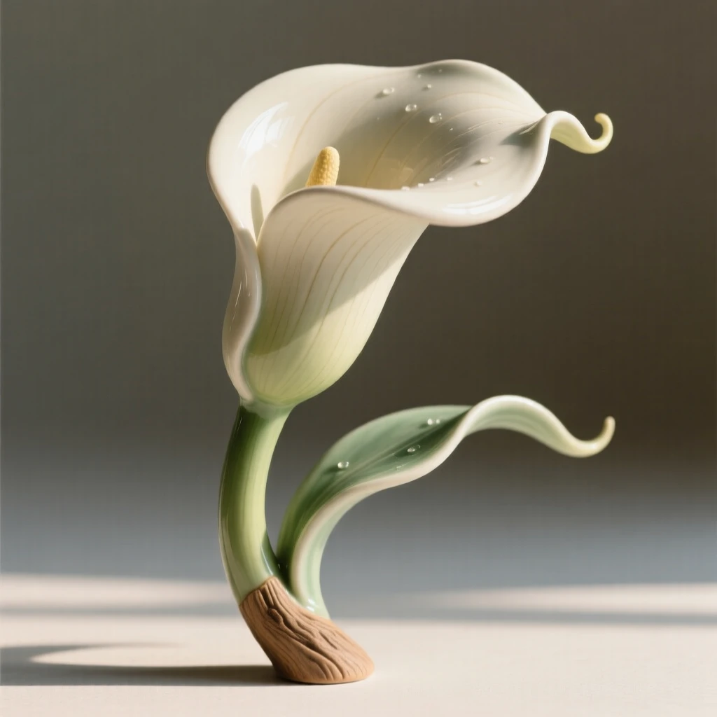 An elegant calla lily curved gracefully arranged as if freshly gathered, bathed in soft, dappled morning light, evoking fragile beauty and quiet renewal.