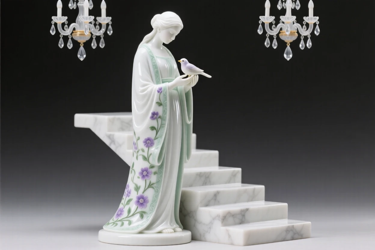 A huntress cradling a small bird in cupped hands, wearing a richly embroidered robe, her posture calm and dignified, set against a grand staircase lit by chandeliers.
