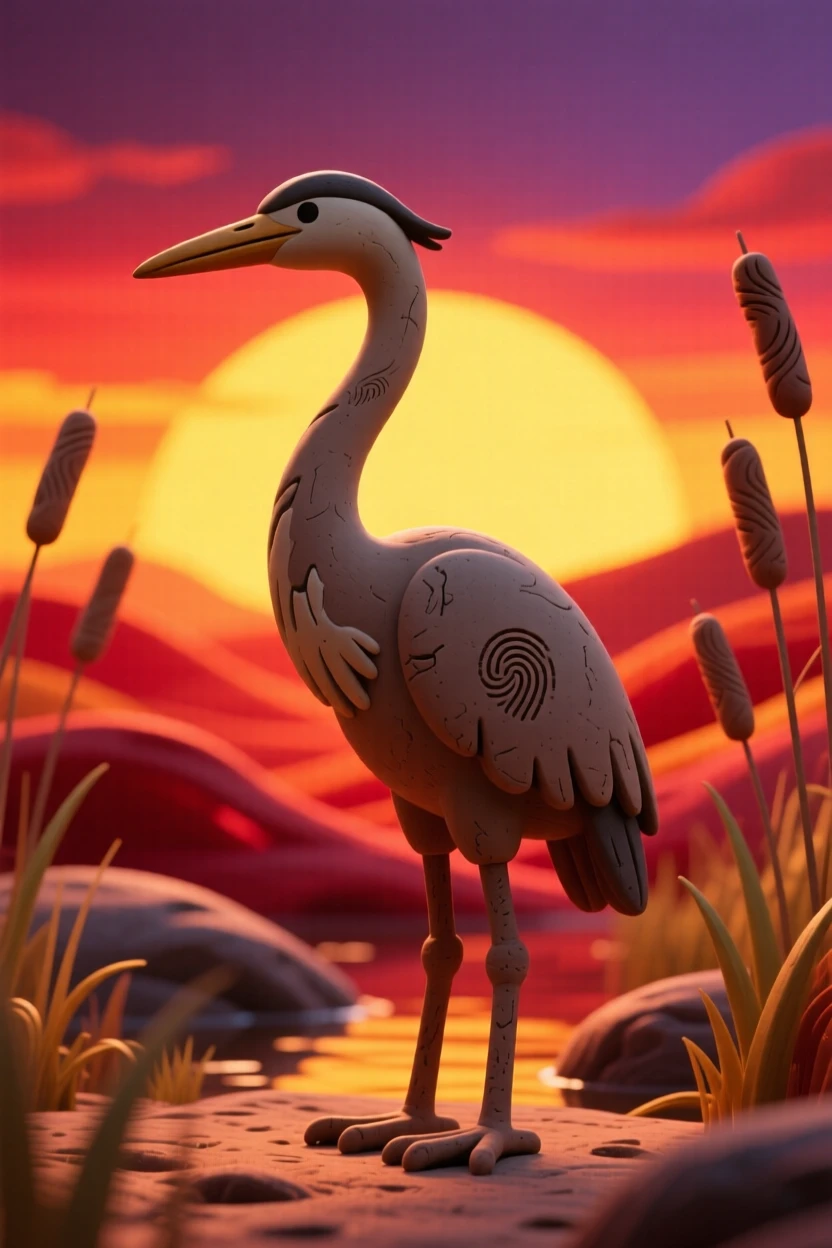 A heron silhouetted against a fiery marshland sunset