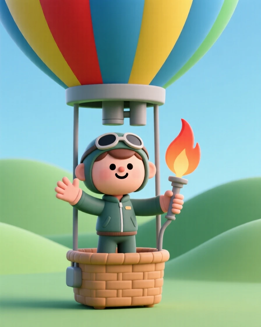 A cheerful hot air balloon pilot adjusts the burner flame, a colorful striped balloon rising above rolling green fields.