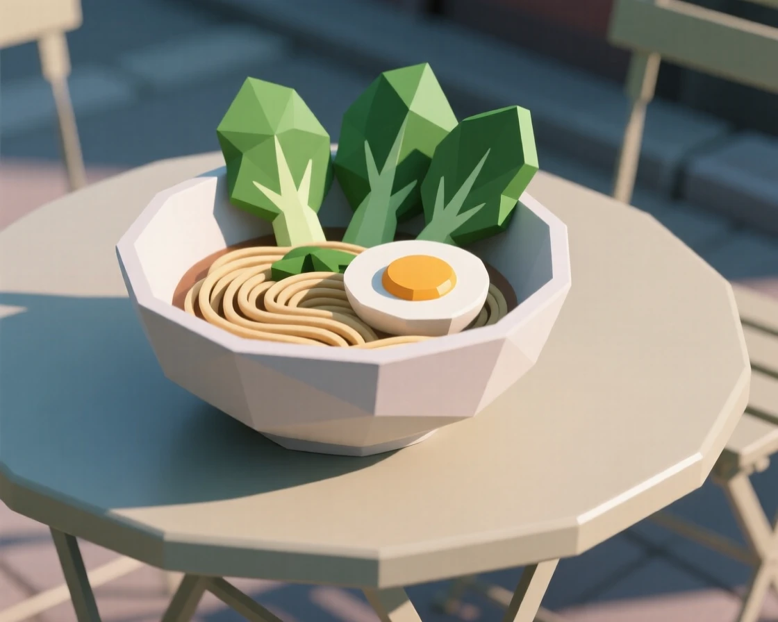 A bowl of ramen with soft-boiled egg and greens, at an outdoor café table. soft natural light highlights rich textures and colors. The mood is fresh and appetizing.