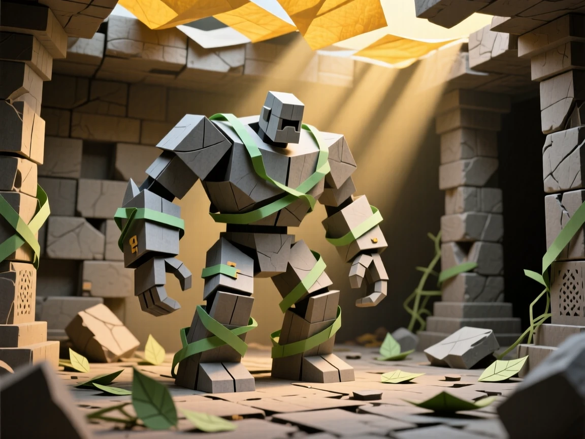 A stone golem awakening in an overgrown ancient temple, vines wrapping around its massive limbs, shafts of light piercing through collapsed stone above, capturing mystery and scale.