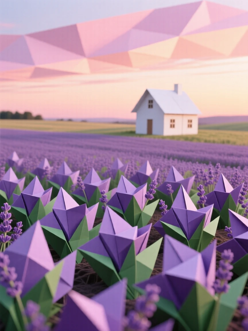 A field of lavender stretching to the horizon under a pastel sunset sky, a single farmhouse in the distance.