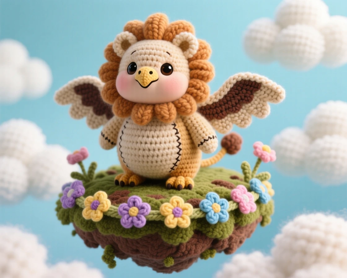 a chubby baby griffin, with an eagle's head and a lion's fuzzy body, stretching its small wings proudly, within a floating island drifting among the clouds, near a garland of woven wildflowers, radiating curious innocence meeting a magical world.