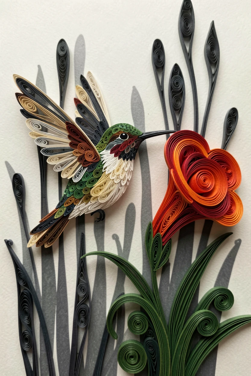 a hummingbird hovering beside a trumpet flower, beneath tall shadowy silhouettes in the distance, captured mid-action with dynamic movement, with fine texture visible in every strand of fur.
