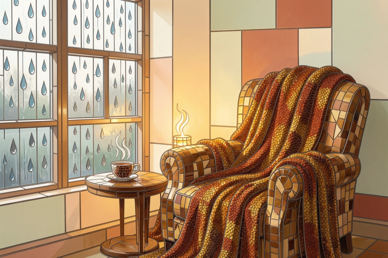 A cozy reading nook with a warm blanket and a cup of tea by a rainy window, with soft warm lighting and an inviting, peaceful atmosphere.