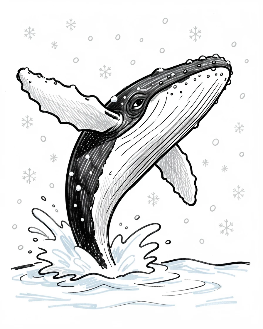 A humpback whale breaching during a gentle snowfall.