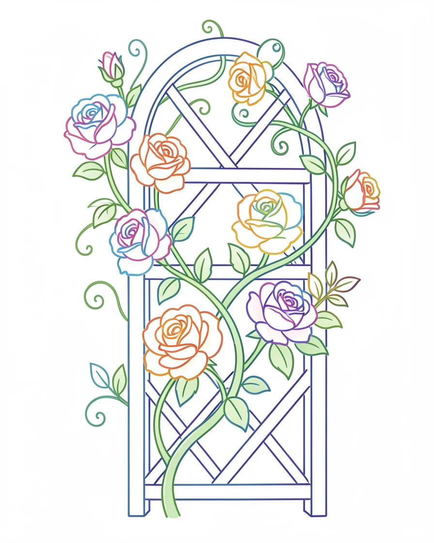 A climbing rose vine wrapped around a white garden trellis in full bloom.